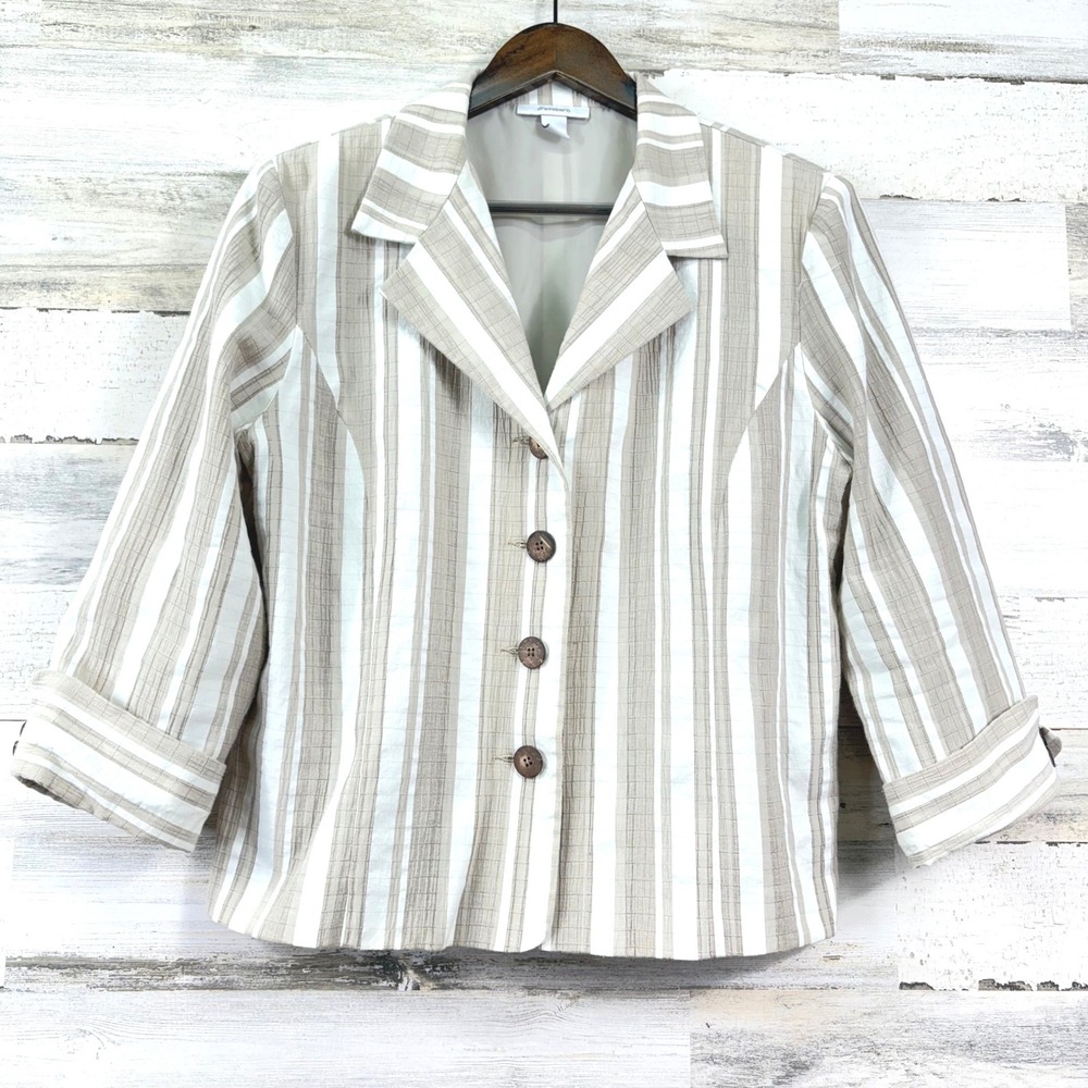 Dressbarn Blazer Women L Tan White Striped 3/4 Sleeve Lined Professional Chic